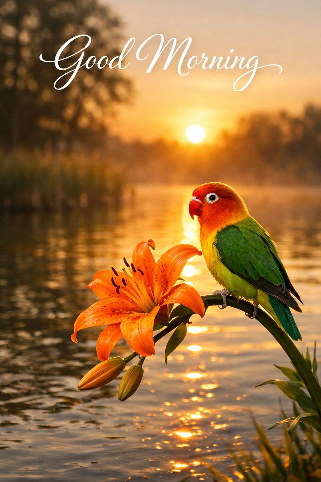 Good morning birds images with colorful parrot sitting on orange lily flower at beautiful sunrise lake view
