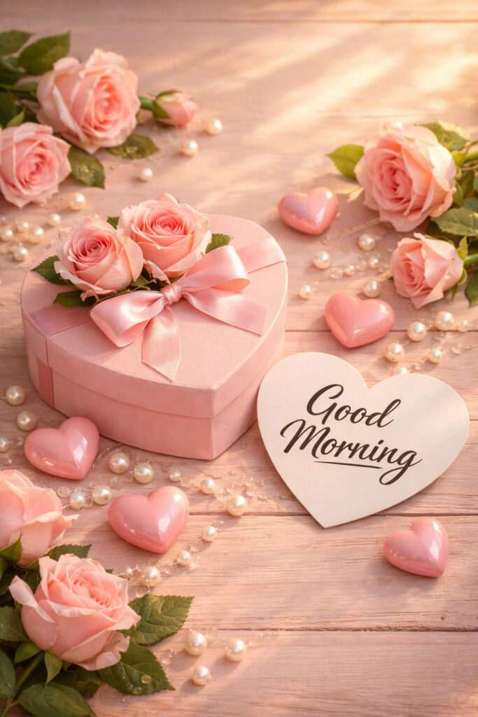 Romantic love good morning image with pink roses, hearts and soft morning light