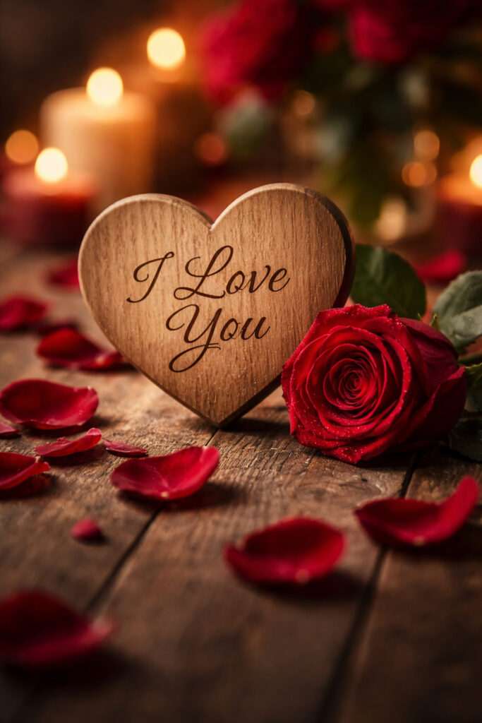 Romantic Happy Valentine’s Day image featuring red rose petals and love heart