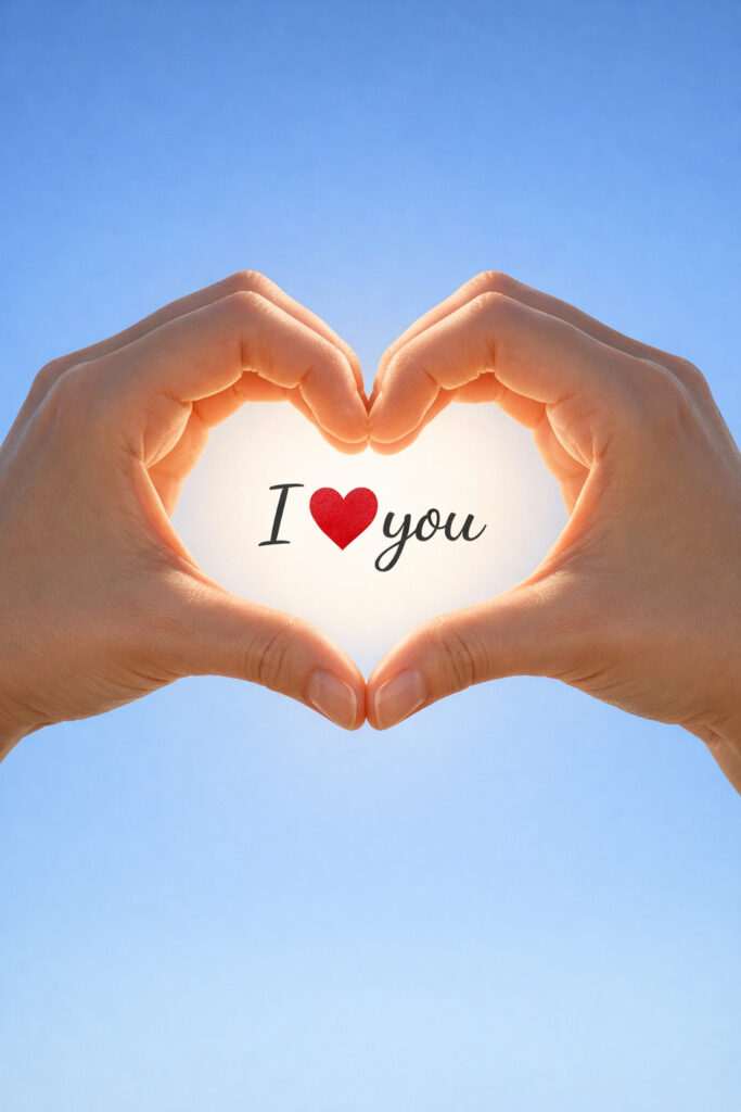 Valentine’s Day love image showing heart shape hands against blue sky