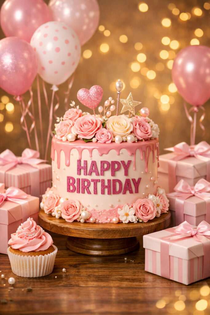 Happy birthday cake with pink roses, balloons and gifts – happy birthday images HD free download