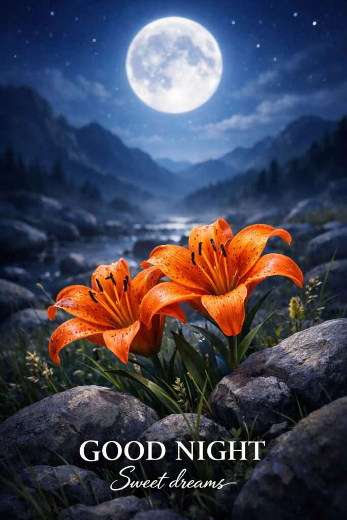 Beautiful orange lily flowers glowing under a bright full moon at night with “Good Night Sweet Dreams” text – romantic good night flower image with moonlight nature background.