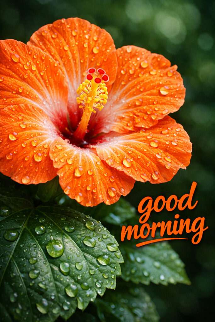 Good morning orange hibiscus flower with water droplets on green leaves – beautiful fresh morning flower image