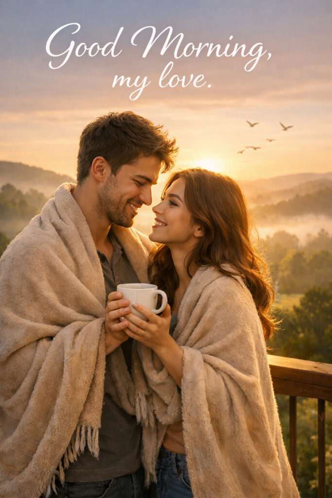 Romantic good morning image of a loving couple enjoying sunrise with coffee