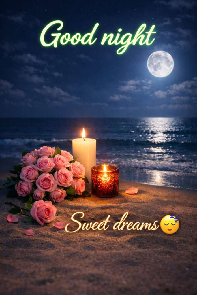 Romantic good night image with pink roses and candles on beach under full moon