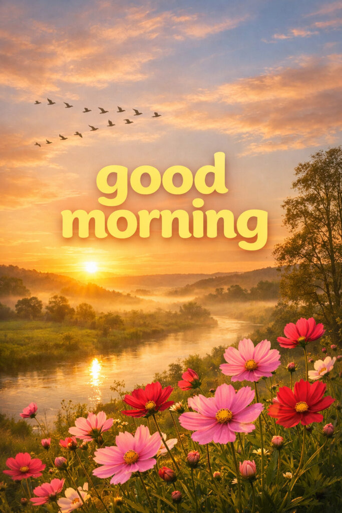 Sunrise good morning image with golden sun over peaceful river, flying birds in the sky, blooming pink and red flowers in foreground, misty landscape with “Good Morning” text.