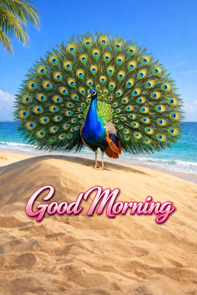 Good morning peacock with colorful feathers spread on sandy beach – beautiful bird morning image