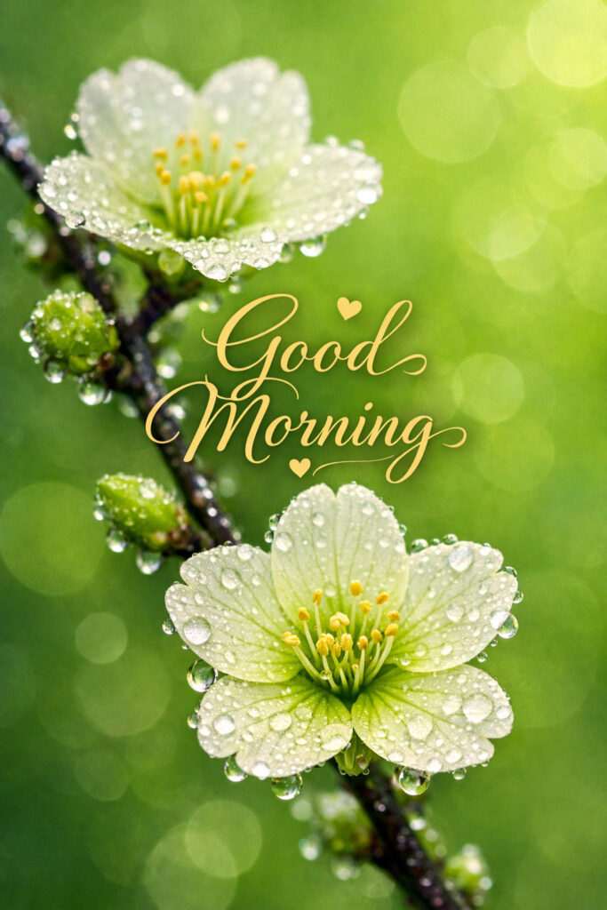 Good morning white blossom flowers with water droplets on green background – fresh nature morning greeting image
