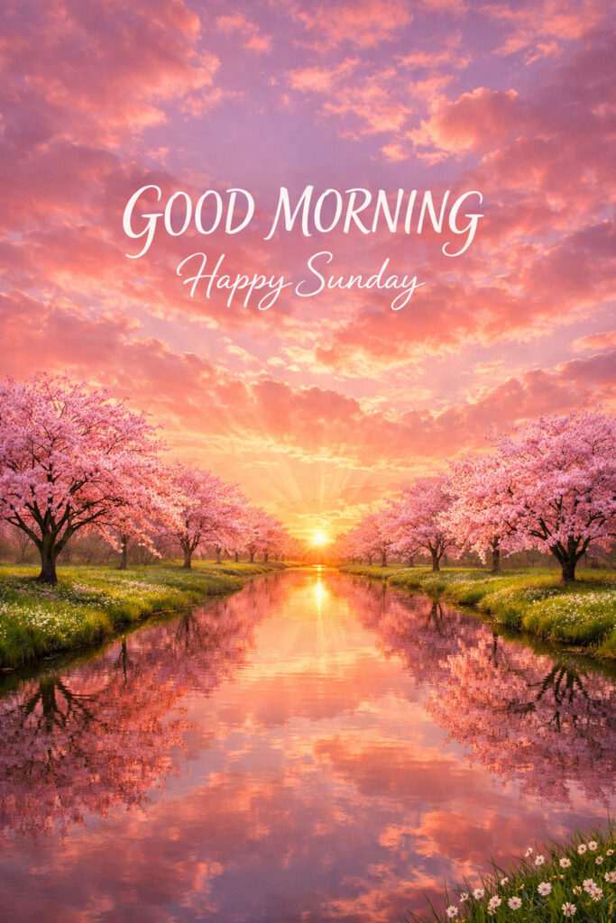 “Good Morning Sunday Images with pink blossom trees and beautiful sunrise over river”
