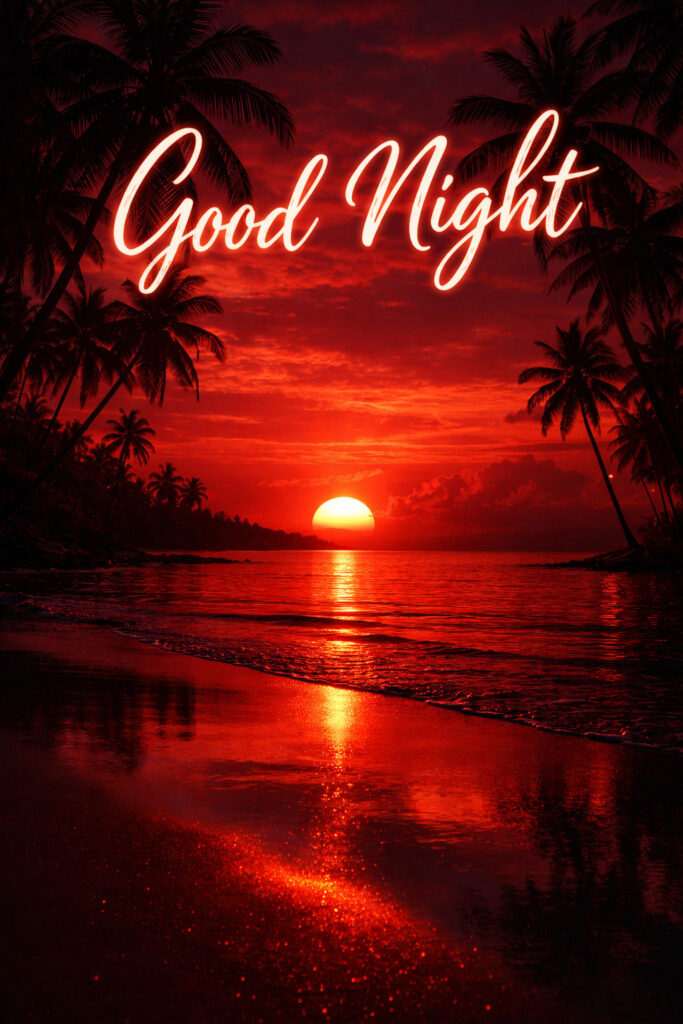 Beautiful beach sunset good night image with palm trees and red sky reflection HD