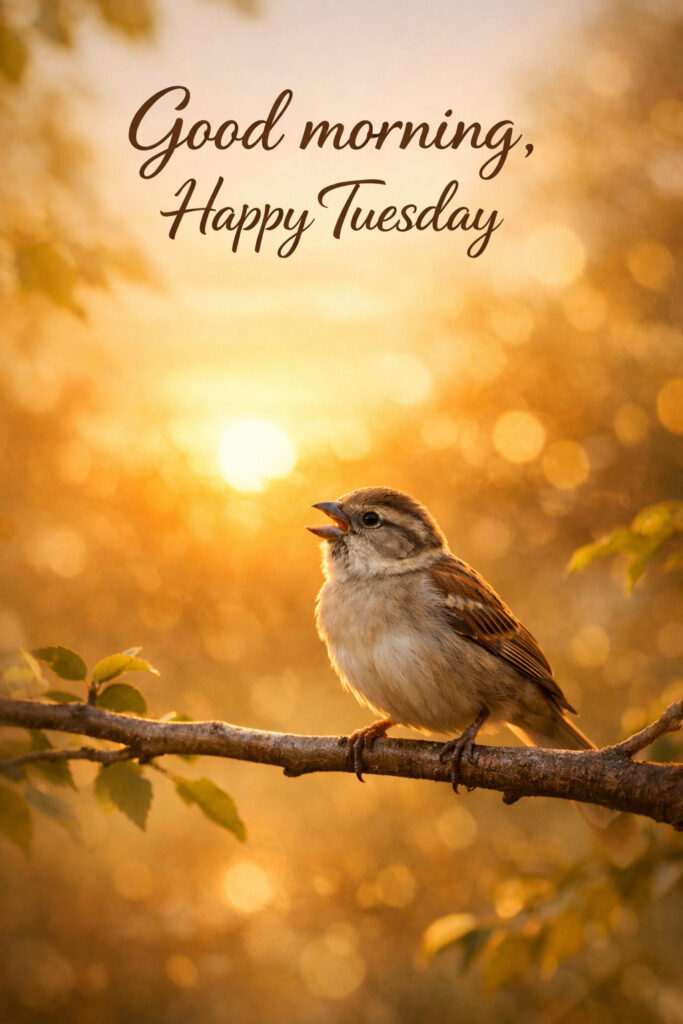 Peaceful Happy Tuesday Good Morning image with bird perched on branch in golden morning light