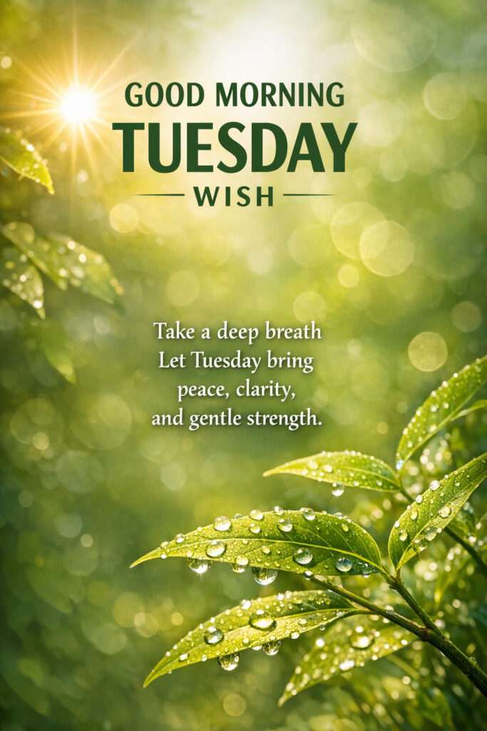Nature Happy Tuesday Good Morning image with dew drops on green leaves and calming morning message