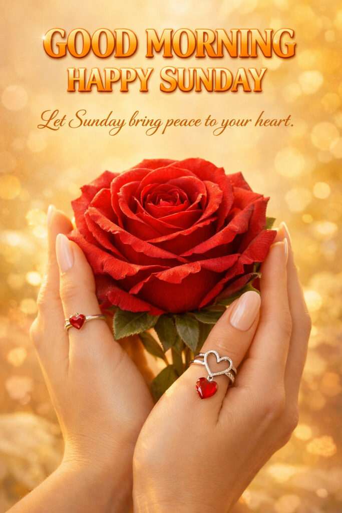 “Good Morning Sunday Images with red rose in hands and happy Sunday wishes”