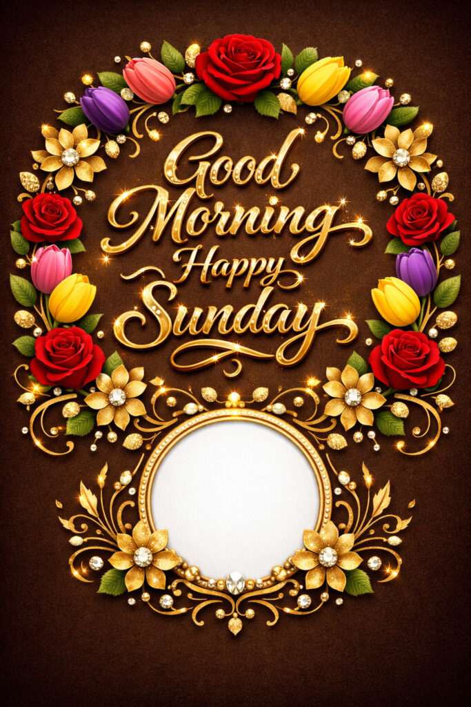 “Good Morning Sunday Images with golden floral frame and happy Sunday greeting”