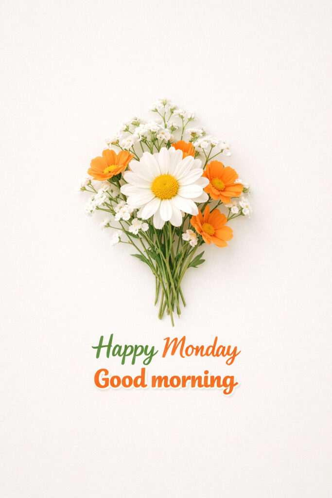 Good morning happy Monday images with white daisy bouquet and orange flowers on clean background
