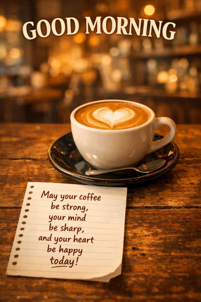 “Good morning inspirational quote with cappuccino coffee cup and motivational message on paper in cozy café setting.”