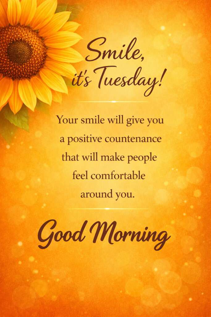 Happy Tuesday Good Morning image with bright sunflower on warm golden background and inspirational quote about smiling and positivity
