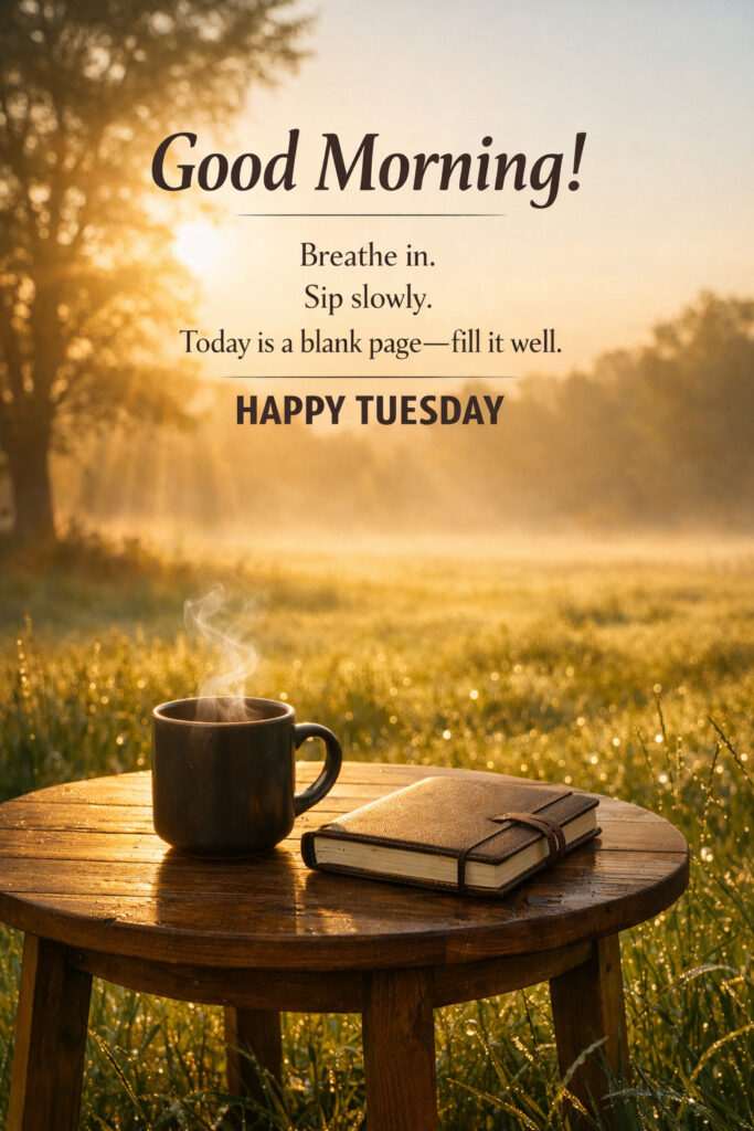 Happy Tuesday Good Morning image with coffee cup, notebook on wooden table, sunrise field, and inspirational quote