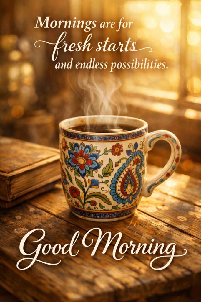 “Good morning inspirational quote with steaming coffee mug on rustic wooden table in warm golden morning light.”