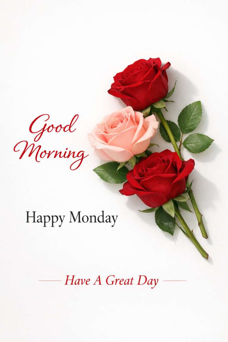 Good morning happy Monday images with red and pink roses on clean white background and greeting text