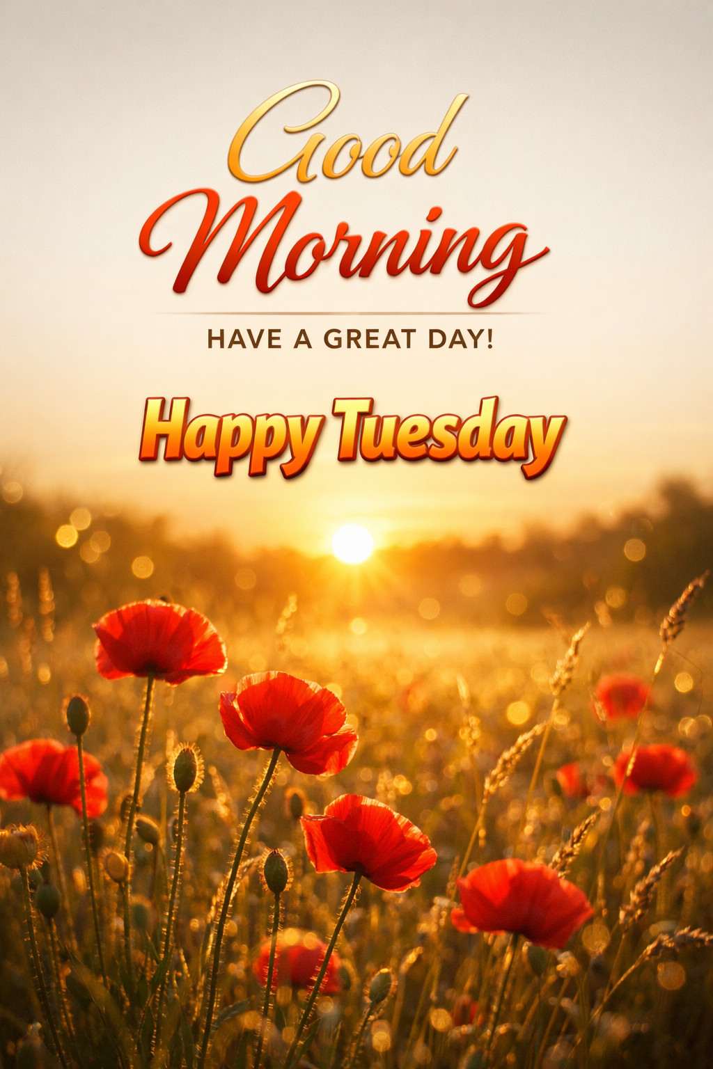 Happy Tuesday good morning image with sunrise over red flowers field and motivational greeting text