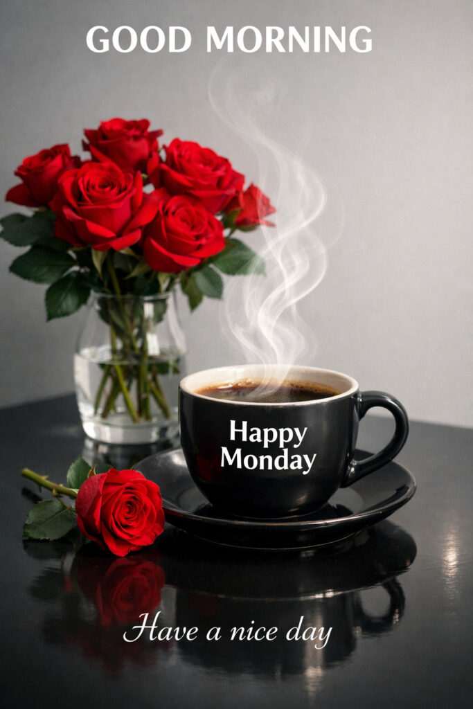 Good morning happy Monday images with coffee cup, red roses and motivational message