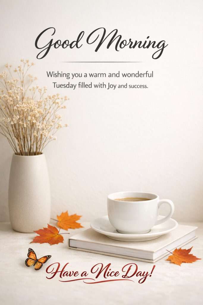 Minimal Happy Tuesday Good Morning image with coffee cup, vase flowers, and peaceful morning quote