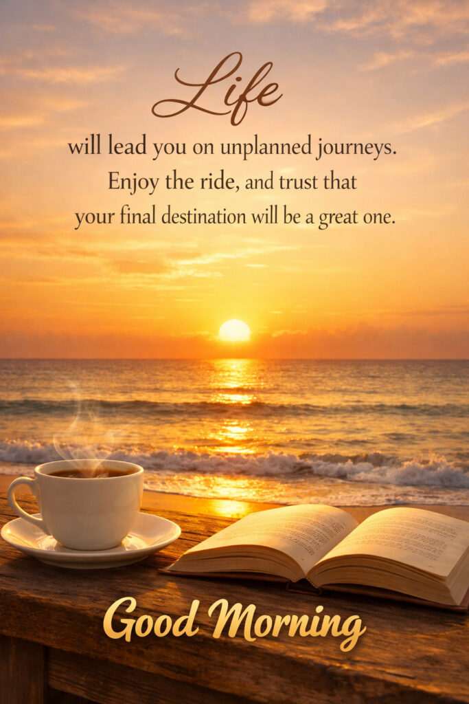 “Good morning motivational quote with coffee cup, book and peaceful beach sunrise.”