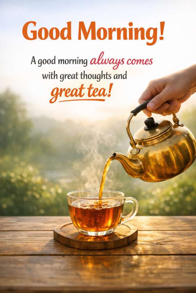 “Good morning inspirational quote with hot tea cup and beautiful sunrise morning background.”