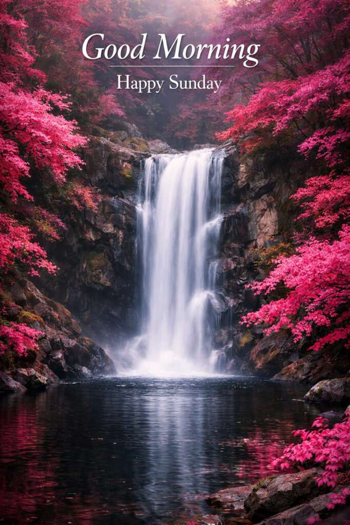 “Good Morning Sunday Images with beautiful waterfall and pink forest nature scenery”