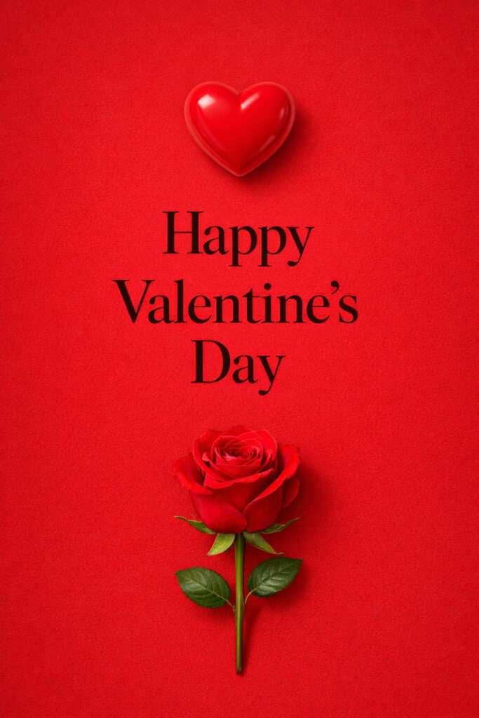 Happy Valentine’s Day greeting card with glossy red heart, elegant typography text, and realistic red rose on red background – romantic minimalist Valentine card design