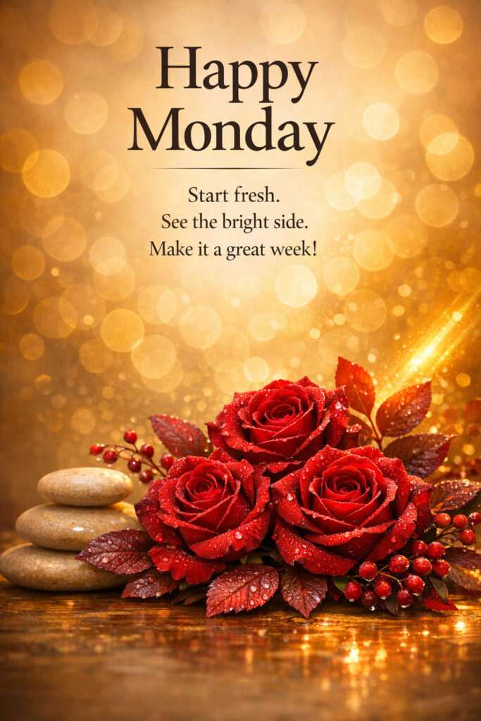 Good morning happy Monday images with red roses, golden background and motivational quote