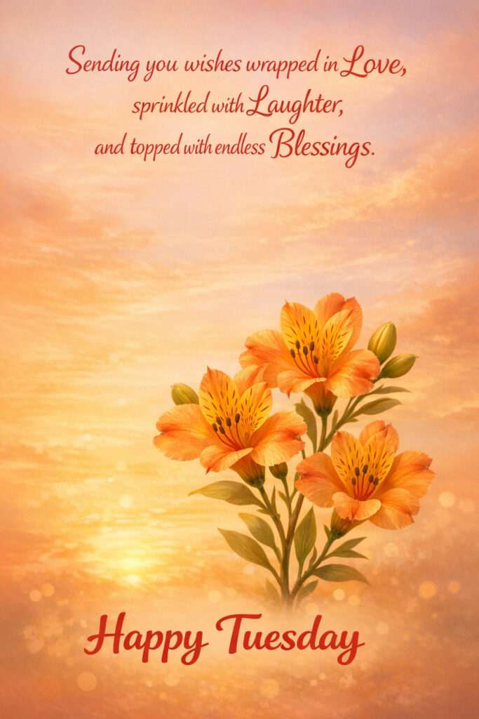 Beautiful Happy Tuesday Good Morning image with orange lilies and warm sunrise background with blessing message