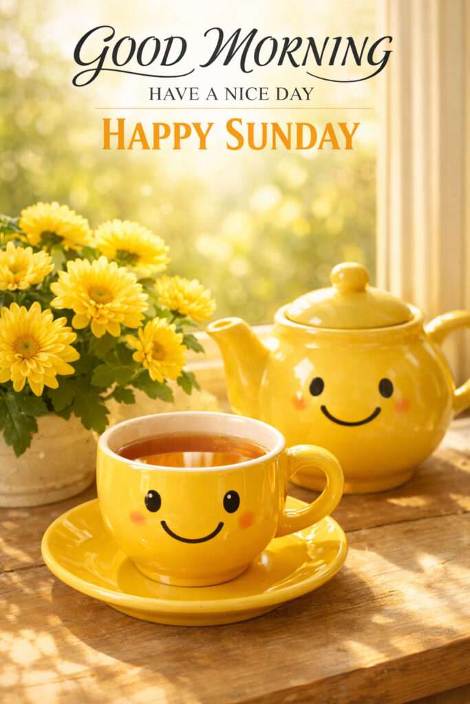 “Good Morning Sunday Images with pink blossom trees and beautiful sunrise over river”