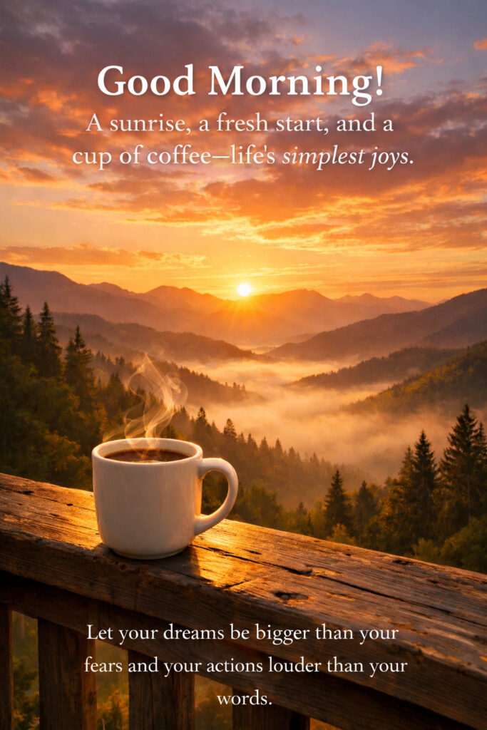 “Good morning inspirational quote with steaming coffee cup on wooden balcony overlooking beautiful mountain sunrise landscape.”