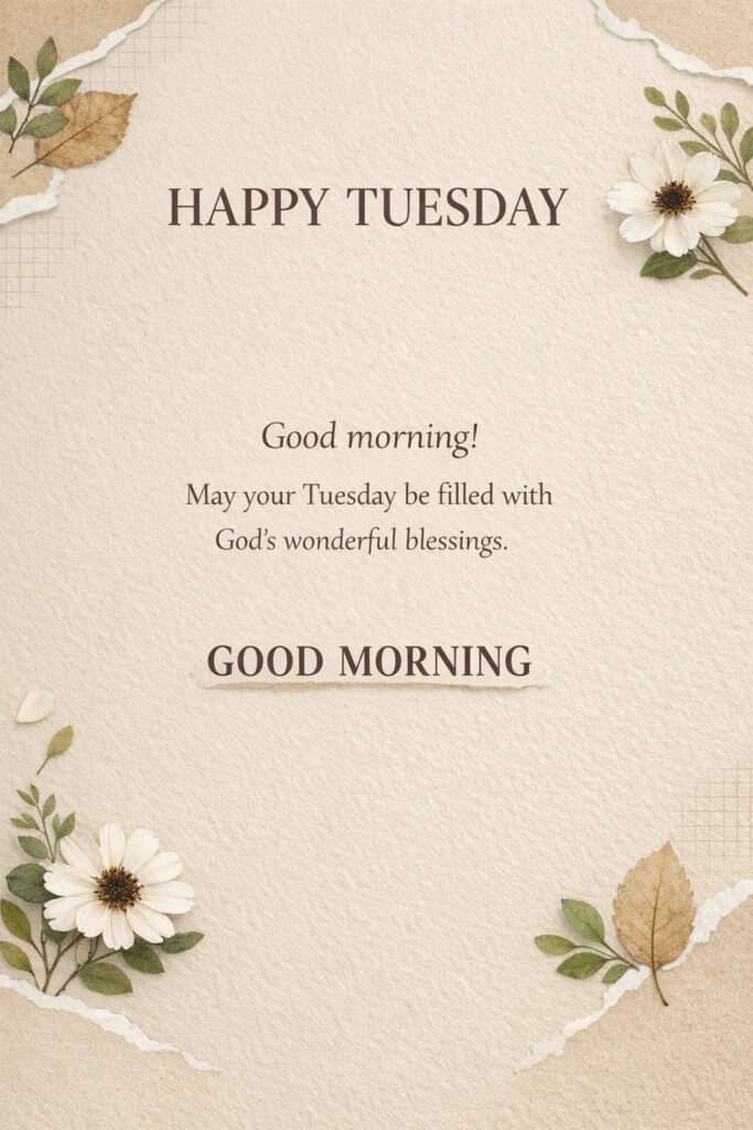 Happy Tuesday Good Morning image with soft beige background, floral design, and inspirational blessing quote for a peaceful morning