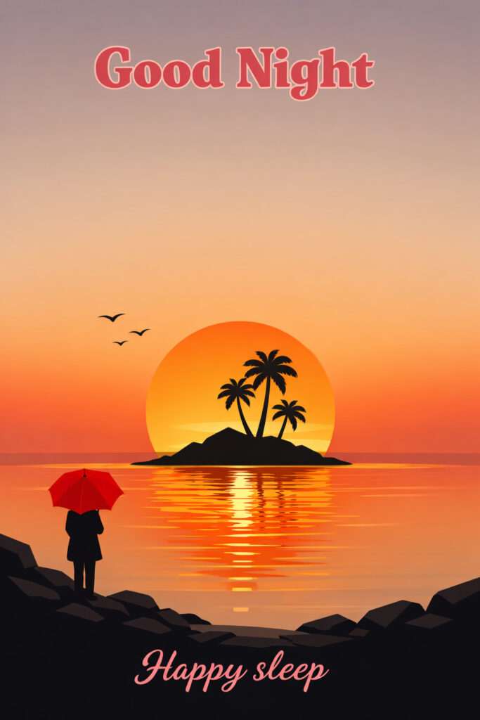 Beautiful nature sunset good night image with island, palm trees and calm ocean reflection HD