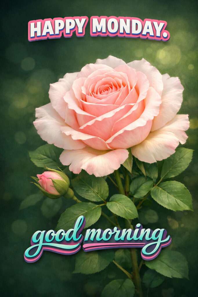 Good morning happy Monday images with pink rose flower and stylish text greeting design