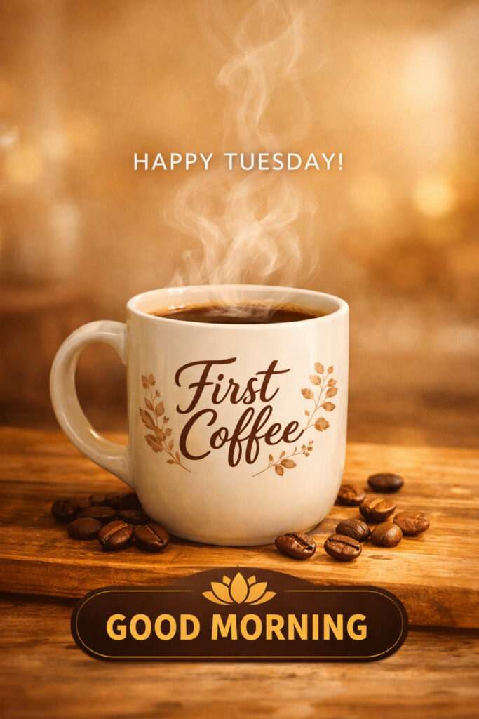 Cozy Happy Tuesday Good Morning image with hot coffee mug and fresh coffee beans