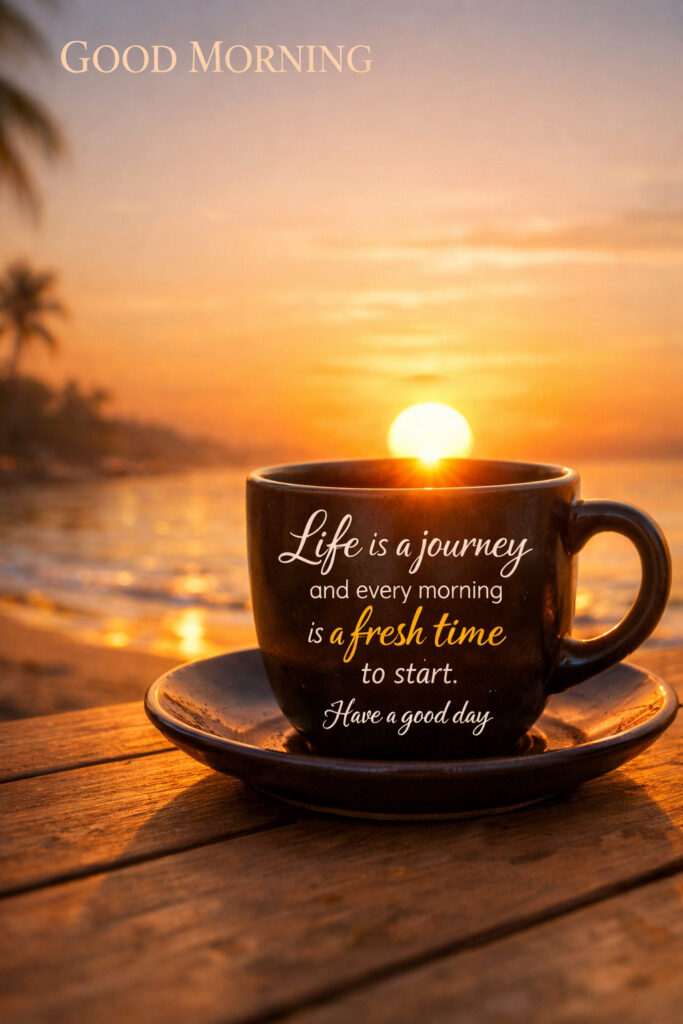 “Inspirational good morning quote with coffee cup and beautiful ocean sunrise.”