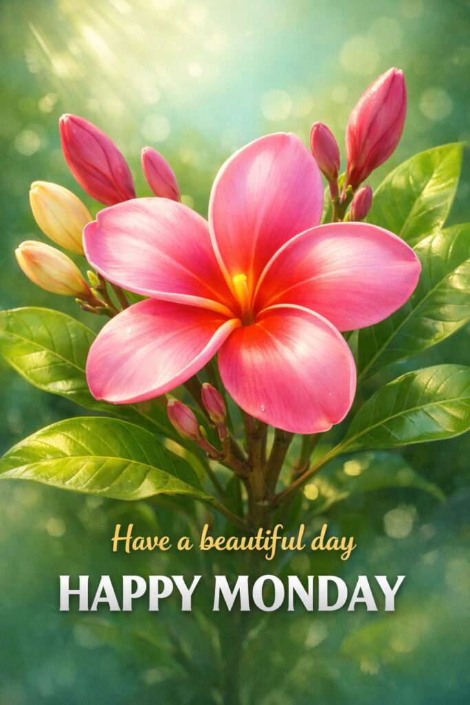 Good morning happy Monday images with pink plumeria flower, green leaves and beautiful day quote