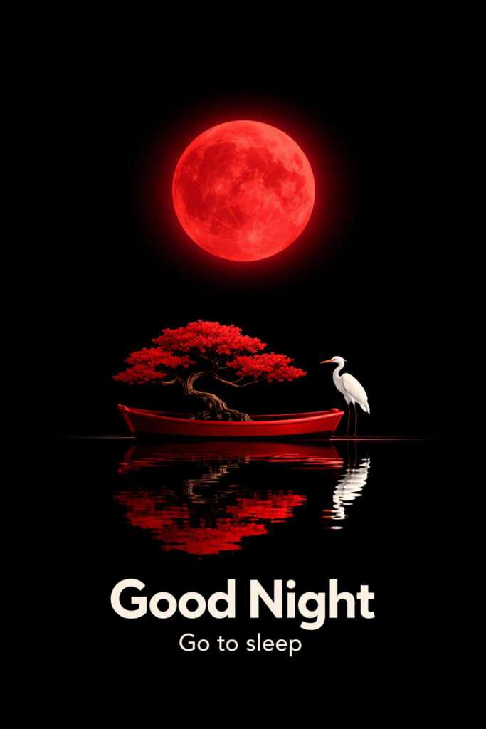 Beautiful good night sunset style image with red moon, boat and calm water reflection
