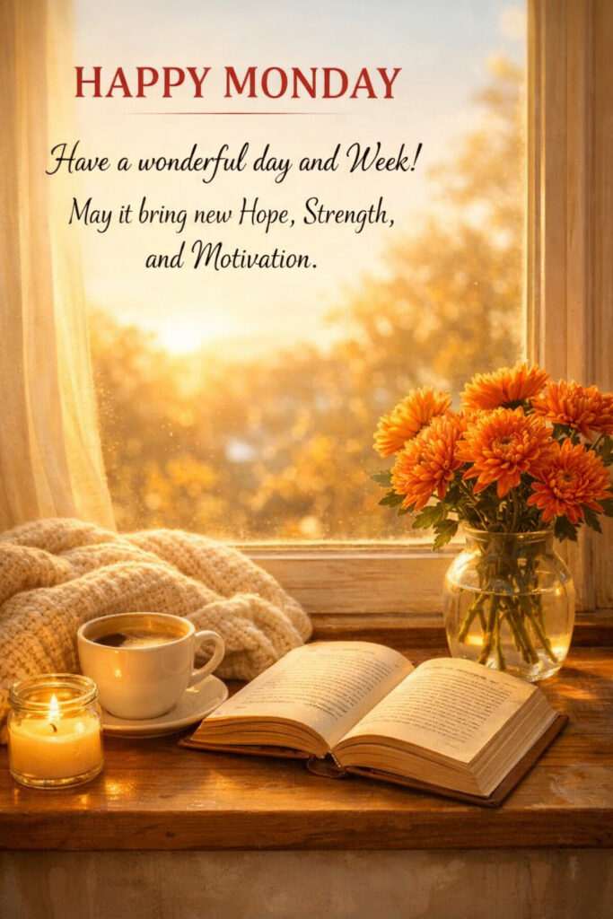 Good morning happy Monday images with coffee, book, candle and flowers by window with motivational quote