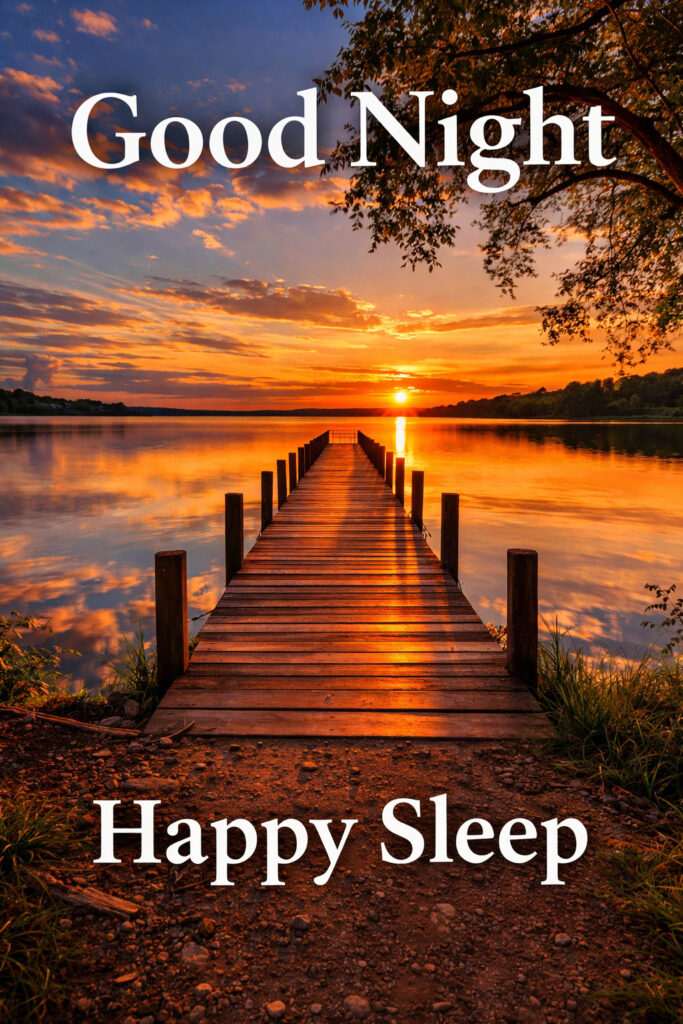 Beautiful nature sunset good night image with wooden pier and calm lake reflection HD