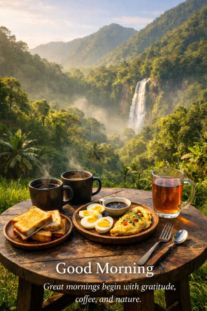 “Good morning inspirational quote with breakfast, coffee cups and tea on wooden table overlooking beautiful mountain waterfall landscape.”