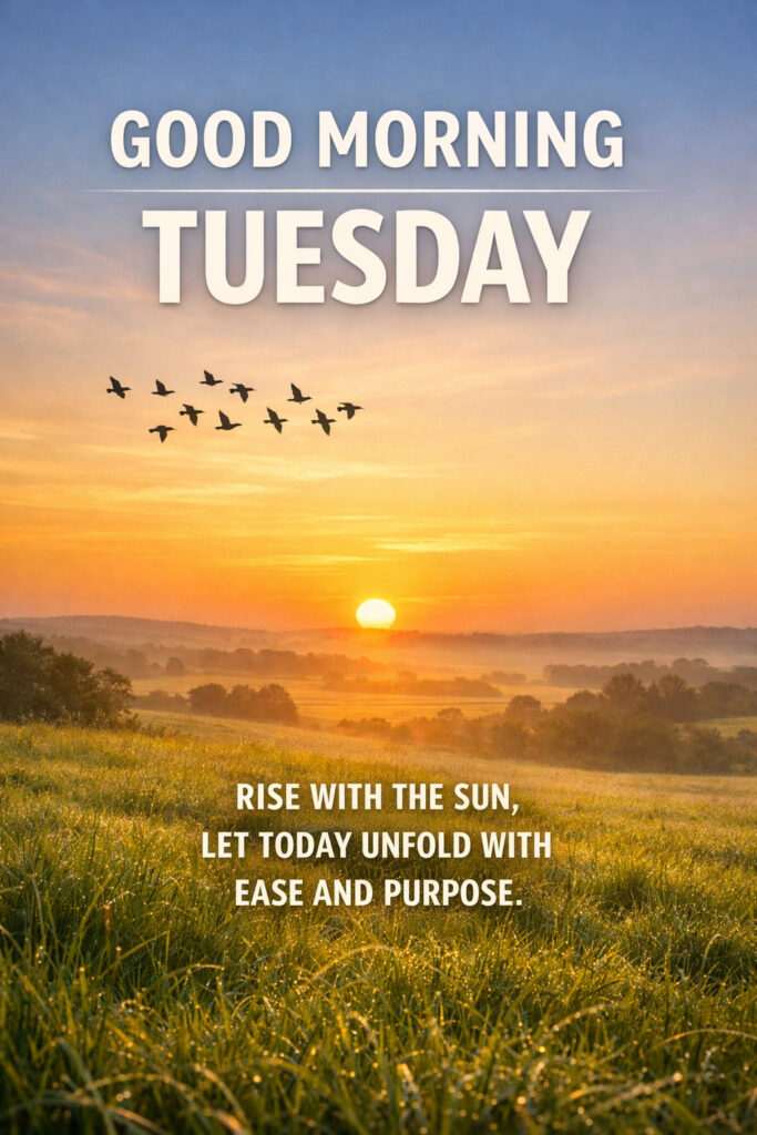 Beautiful Happy Tuesday Good Morning image with sunrise, birds in sky, and inspirational morning message