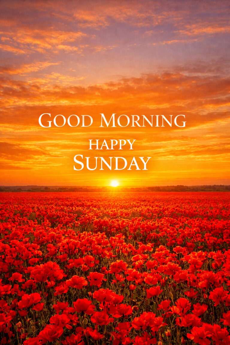“Good Morning Sunday Images with sunrise over red flower field and happy Sunday greeting”