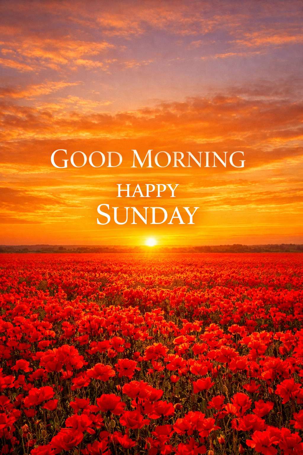 “Good Morning Sunday Images with sunrise over red flower field and happy Sunday greeting”