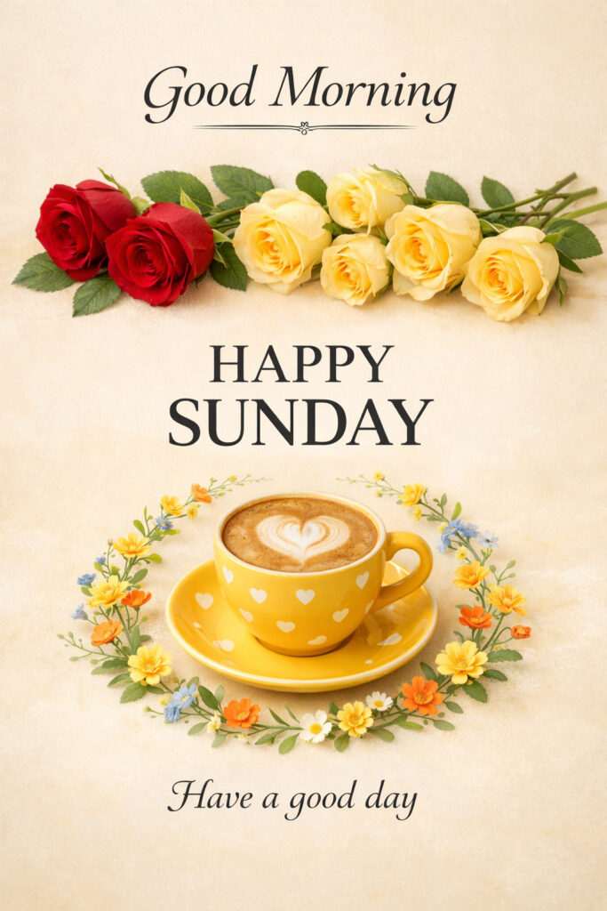 “Good Morning Sunday Images with red and yellow roses and coffee cup – Happy Sunday wishes”