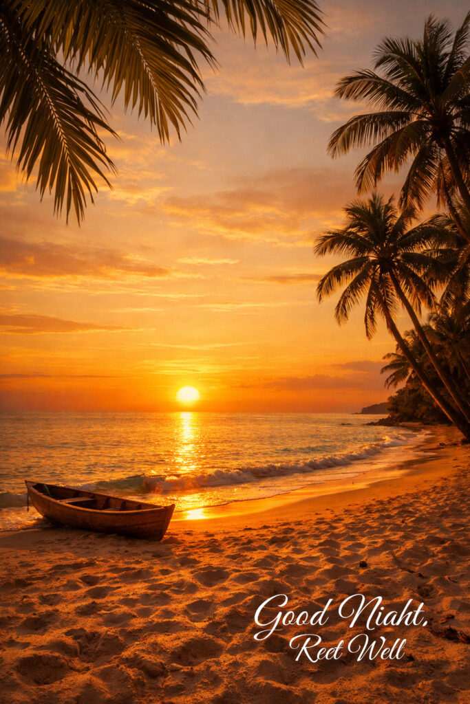 Beautiful beach sunset good night image with palm trees and red sky reflection HD